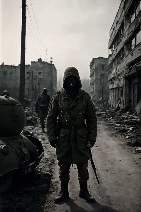 arafed soldier in gas mask standing in front of destroyed buildings