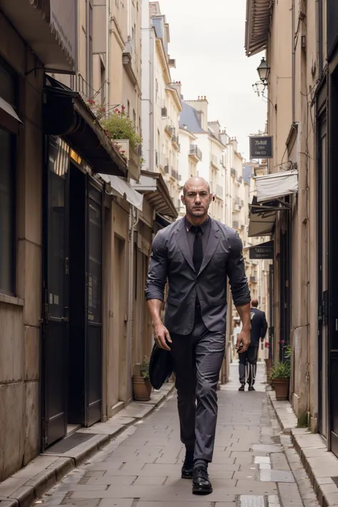 close portrait of cast0r_n0texist_v2 walking down a quiet alleyway in Paris, wearing (business suit) , professional lighting, dramatic