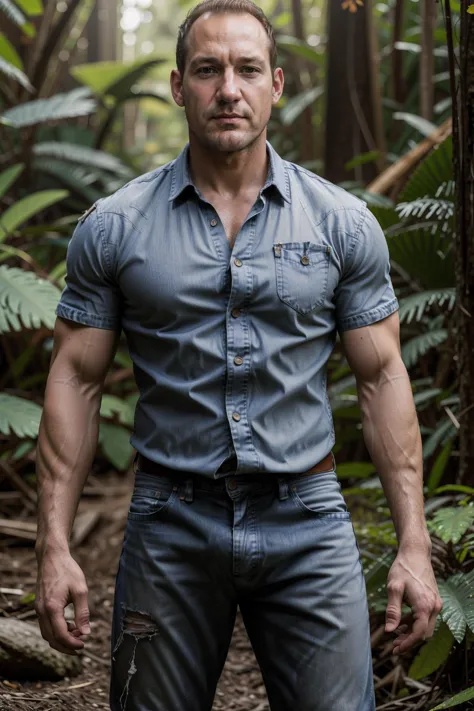 arafed man in a blue shirt and jeans standing in a forest