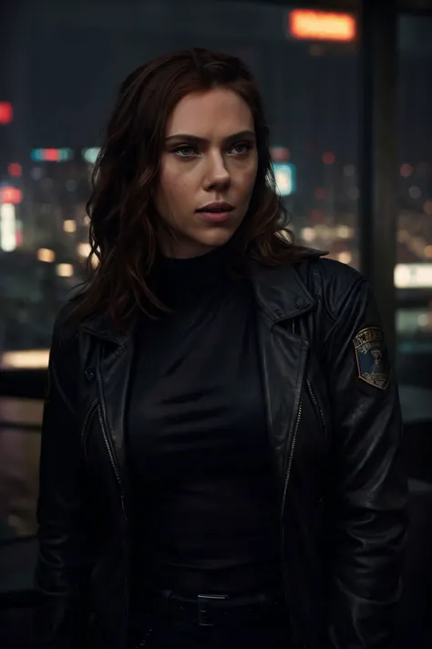portret photo of  scarlett , in cyberpunk city at night. She is wearing a leather jacket, black jeans, dramatic lighting, (polic...