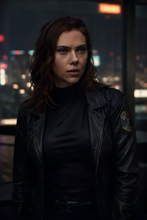 portret photo of  scarlett , in cyberpunk city at night. She is wearing a leather jacket, black jeans, dramatic lighting, (police badge:1.2)(realistic, epic character composition, by ilya kuvshinov, alessio albi, nina masic, sharp focus, natural lighting, subsurface scattering, f2, 35mm, film grain, artistic photography, beautiful, masterpiece, hyperdetailed)
 <lora:Scarlett4:1> scarlett