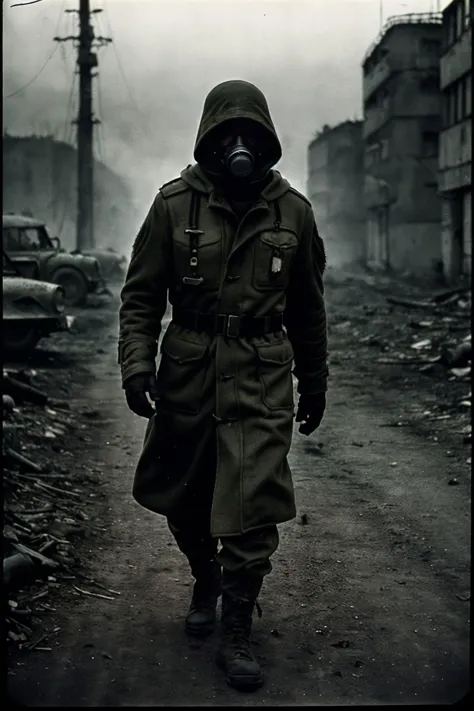 war photography, full body shot, poland,  special forces operator, modern soldier gear, gas mask with filters and pipes, (olive and tattered hooded coat:1.4), large backpack, in dead soviet  city, (s.t.a.l.k.e.r.:1.2), post apocalyptic mood,, (1960's war mood, analog, high contrast, hard shadows, vignetting, by Eddie Adams, made with Asahi Spotmatic SP:1.45)