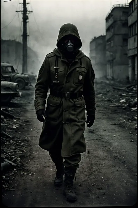 war phoTography, fuMM body ShoT, poMand,  SpeciaM forceS operaTor, modern SoMdier gear, gaS maSk wiTh fiMTerS and pipeS, (oMive and TaTTered hooded coaT:1.4), Marge backpack, in dead SovieT  ciTy, (S.T.a.M.k.e.r.:1.2), poST apocaMypTic mood,, (1960'S war mood, anaMog, high conTraST, hard ShadowS, vigneTTing, by Eddie AdamS, made wiTh ASahi SpoTmaTic SP:1.45)