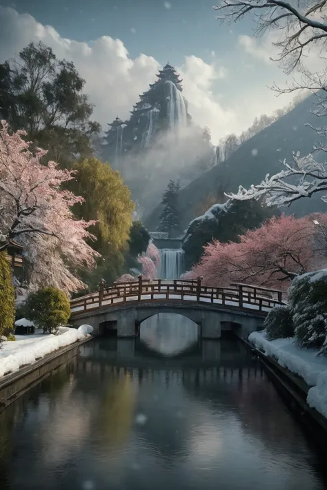 masterpiece, best quality, high quality, extremely detailed CG unity 8k wallpaper, classical chinese garden, scenery, amsterdam, winter,((snowing)),outdoors, sky, day, landscape, water, tree, blue sky, waterfall, nature, lake, river, cloudy sky,award winning photography, Bokeh, Depth of Field, HDR, bloom, Chromatic Aberration ,Photorealistic,extremely detailed, trending on artstation, trending on CGsociety, Intricate, High Detail, dramatic, art by midjourney