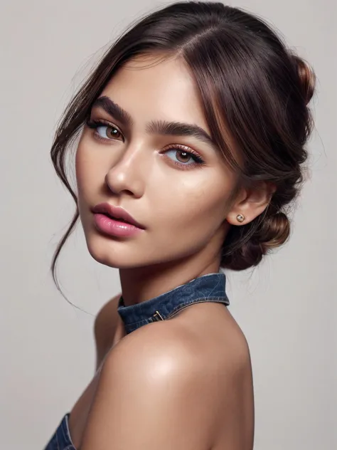 a woman with a messy bun in her hair and a denim top