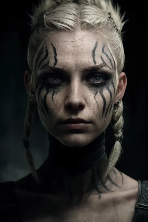 Horror-themed (extreme close shot of eyes :1.3)  of nordic woman, (war face paint:1.2), mohawk blonde haircut wit thin braids, r...