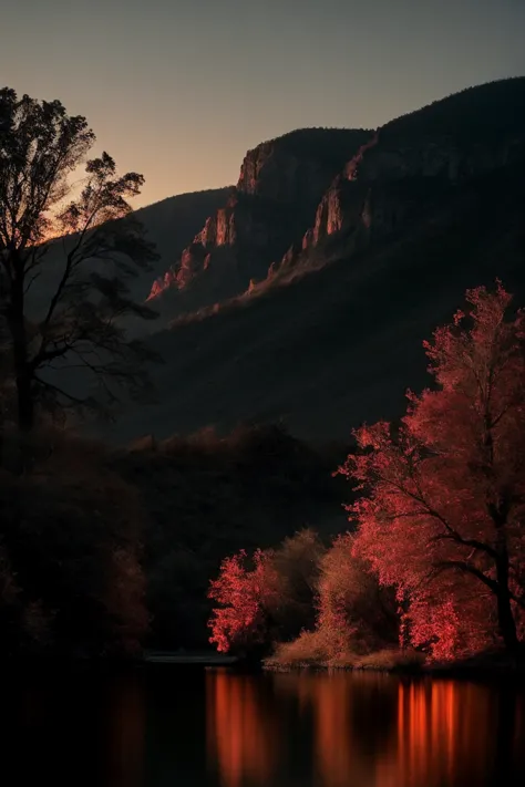 cinematic film still depict a cascaded landscape with low twilight red lights reflected on a beautiful lake surrounded by cascad...