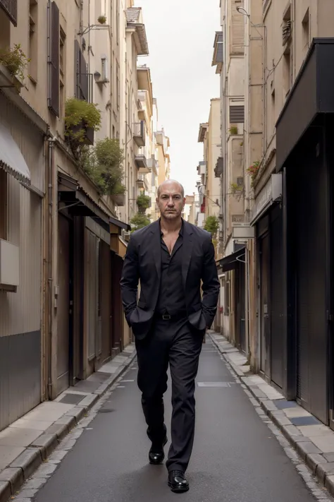 arafed man in a suit walking down a narrow street