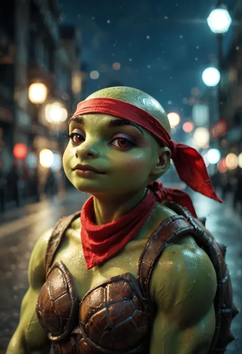 cinematic film still hybrid of [turtle:ninja0.5], green skin, muscular, (red bandana over eye with eye holes cut out:1.1), (real turtle shell:1.4), (turtle head:1.4) turtle face, ninja, night city [turtle:10] [turtle|girl] 
.score_9, score_8_up, score_7_up,score_6_up, . shallow depth of field, vignette, highly detailed, high budget, bokeh, cinemascope, moody, epic, gorgeous, film grain, grainy