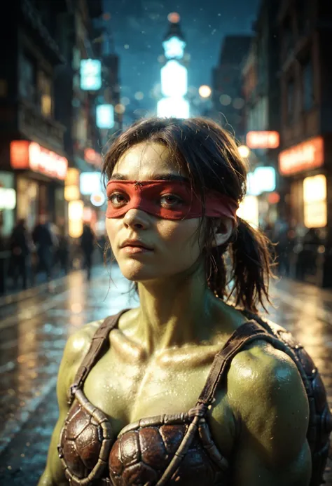 cinematic film still hybrid of [turtle:ninja0.5], green skin, muscular, (red blindfold over eye with eye holes cut out:1.1), (re...