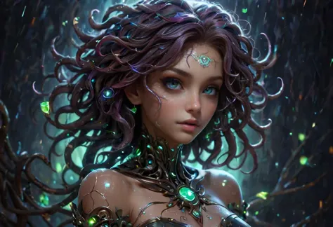 Cybercore Aesthetic, a cute magical medusa with petrifying gaze in an enchanted wonderland, beautiful whimsical fantasy art conc...