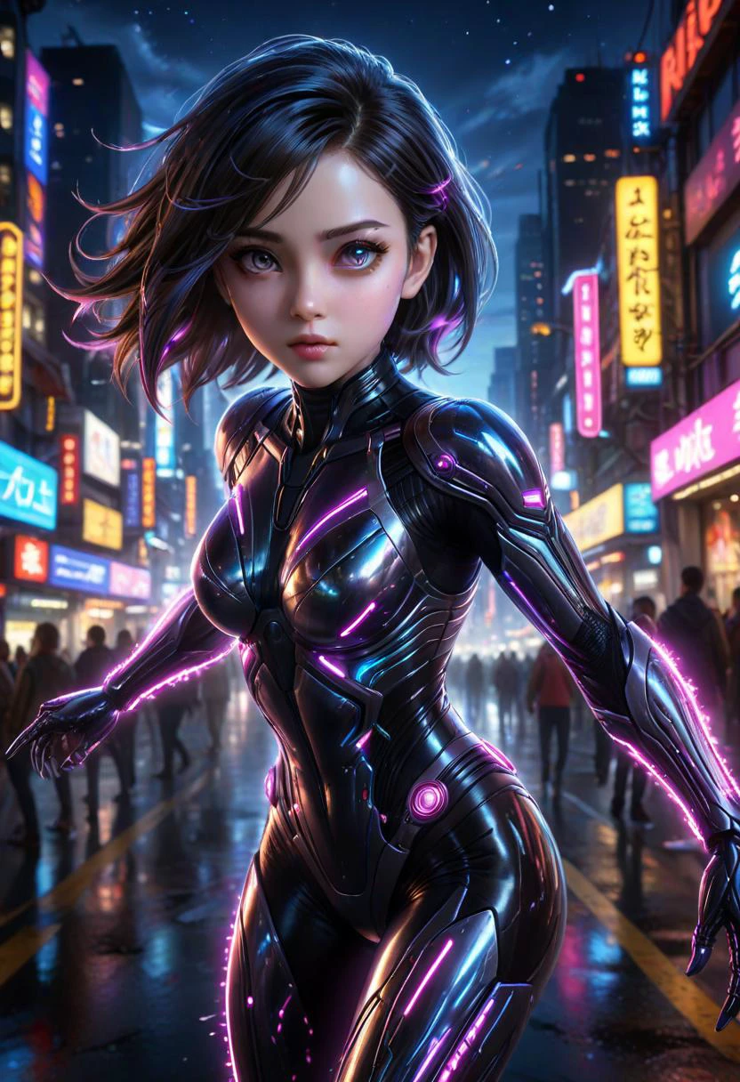 anime artwork sci-fi style Battle Angle at night, ral-ledlights Alita comes to life in a stunning adaptation. Running towards the viewer,  athletic figure, very large eyes, charming and determined expression, cool composure that made her such an iconic character, High contrast, vibrant colors, style of Chris Cold and Jason Edmiston, . futuristic, technological, alien worlds, space themes, advanced civilizations . anime style, key visual, vibrant, studio anime,  highly detailed