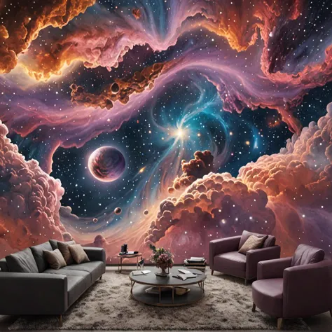 
(Masterpiece) A celestial panorama of space unfolds, revealing a cosmic tapestry adorned with nebulous clouds, swirling galaxie...