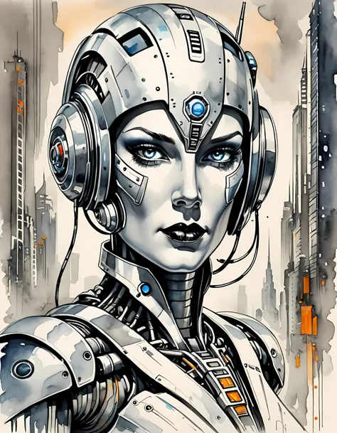 watercolor painting portrait of a cybernetic robot, pulp art inspired by Margaret Brundage and Rolf Armstrong, completed in a Ch...