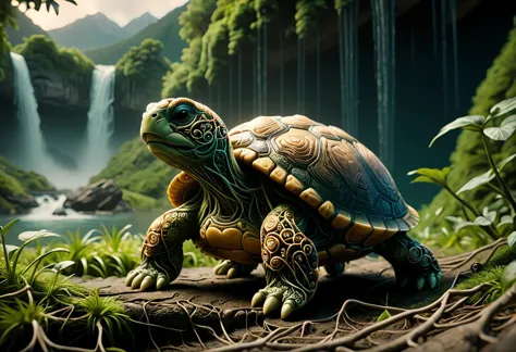 cinematic film still ral-braynclz style, A smiling, alien turtle emerges from its hiding spot on a mountain path near a waterfal...