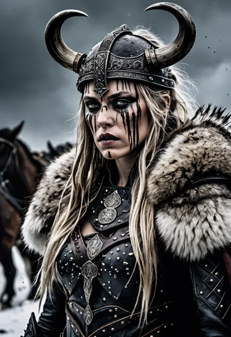 macabre style Capture the indomitable spirit of a beautiful Viking Age princess warrior, cowboy shot, standing triumphantly amid...