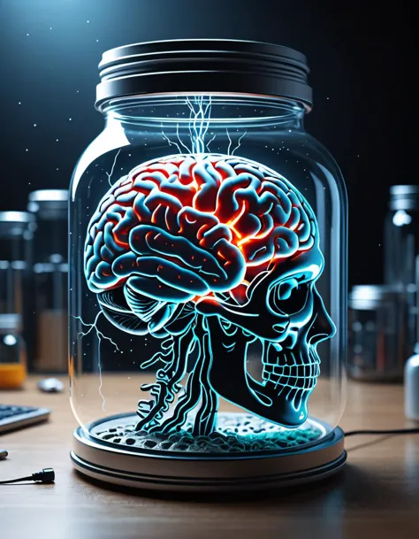 sci-fi style style fantasy a human brain growing in a glass jar in a workshop, jar full of a dull transluscent liquid, realistic natural brain, lid on jar, volumetric lighting and mist effects to enhance the mystical atmosphere, lightning in jar, stunningly beautiful, crisp, detailed, ultramodern, high contrast, cinematic, . futuristic, technological, alien worlds, space themes, advanced civilizations