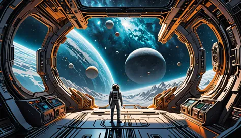 space-themed Prepare a visually arresting sci-fi concept art piece, earth's most accomplished quantum entangled cosmonaut aboard...