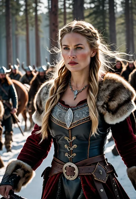 cinematic film still Capture the indomitable spirit of a beautiful Viking Age princess warrior, cowboy shot, standing triumphant...