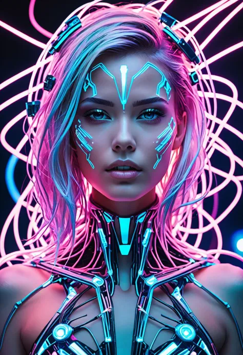 a woman with neon hair and a futuristic costume