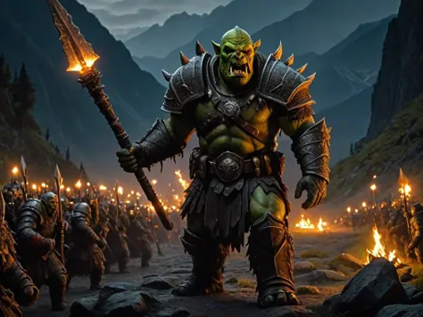 (masterpiece, best quality), (highly detailed), 1orc, orc in full armour holding a torch, in the background orcs on the march, a...
