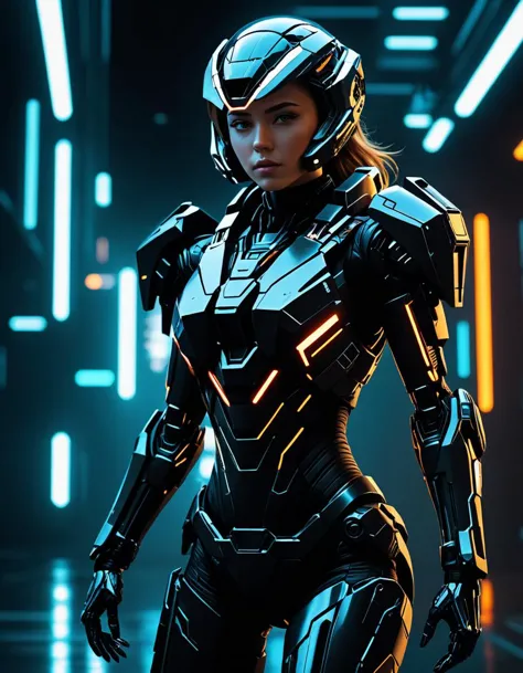 a woman in a futuristic suit standing in a dark room