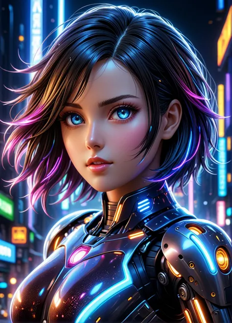 Robô cibernético ral-ledlights estilo anime 3D de tirar o fôlego Neste mundo de tirar o fôlego de Battle Angle à noite, Alita ganha vida em uma adaptação impressionante. Correndo em direção ao espectador, ela chama atenção, revelando cada curva e linha de sua forma atlética e magra. Sua expressão charmosa e determinada. As luzes de néon que a banham com um brilho quente. Ela mantém a mesma compostura legal que a tornou uma personagem tão icônica. Alto contraste, cores vibrantes, incorporação:, olhos extremamente grandes e detalhados. O efeito geral é uma imagem impressionante que captura o estilo de Chris Cold e Jason Edmiston,  SimplePositivoXLv2,  