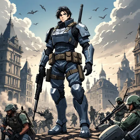 (An anime image:1.3) of random celebrity towering over a victorian raging battlefield wearing tactical gear with city camouflage...