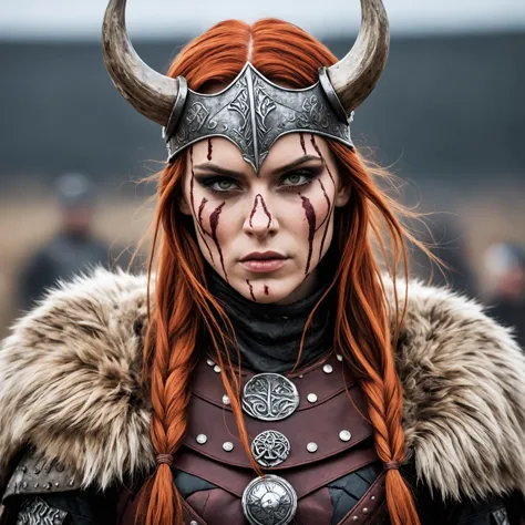 (A fashion photograph:1.3) of a Viking barbarian princess wearing fur and leather armor rags rising above a battlefield, drops o...