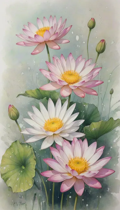 Watercolor painting daisy's or lotus flowers, intricate multi-layered meticulous painting, chinese ink, clean, breezy, dewy, pastel colors, light sage background with color splashing, . Vibrant, beautiful, painterly, detailed, textural, artistic