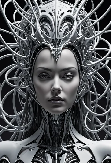 biomechanical style    Visualize a striking piece of conceptual art introducing a futuristic, bioengineered woman whose scalp be...