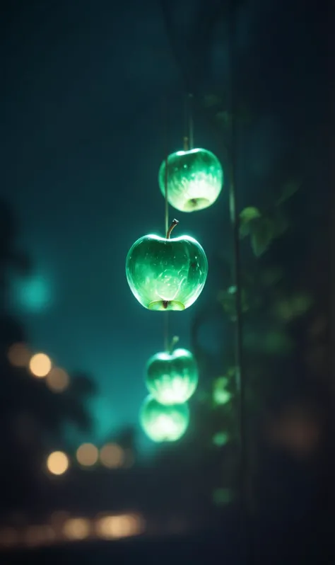 (8k digital photography, raw photo:1.2),
closeup picture of emerald (translucent glass:1.1) apples  in a beautiful summer landscape at night
 <lora:M05_Intensify:1>