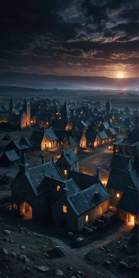 a view of a village at night with a full moon in the sky