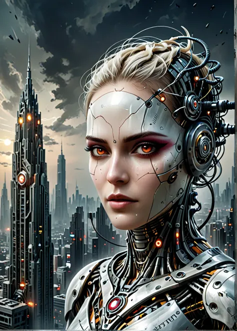 a close up of a woman with a futuristic head and a city in the background