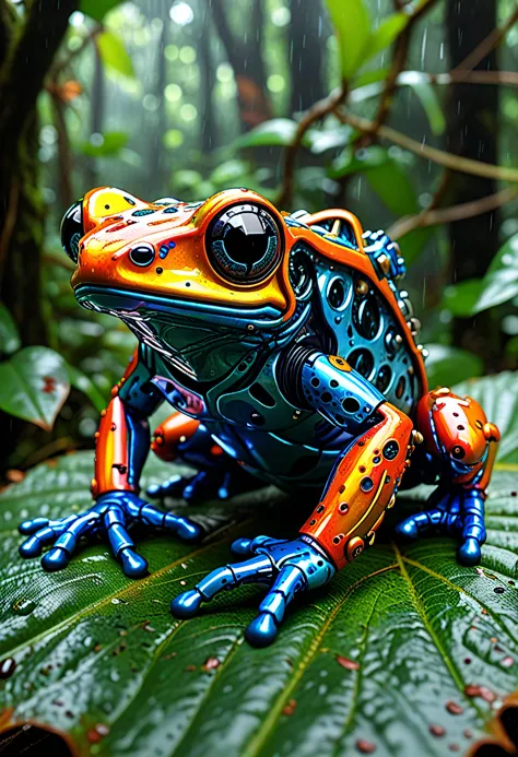 breathtaking Surrealist art cybernetic robot android poison dart frog, sitting on a large leaf, amazon rain forest, dazzling vib...