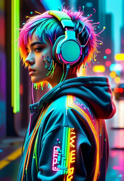 sci-fi style neonpunk, cyberspace dj club, augmented reality street artist, wearing a holo-hoodie, from the sides and on the sid...