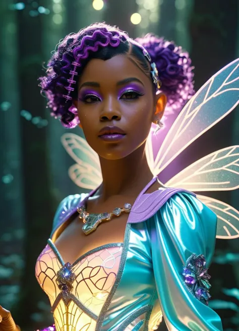 photo of an retro-futuristic biomechanical cyberpunk (woman:1.1 )  (radiant fairy) young woman, south african, brown eyes, dark ...