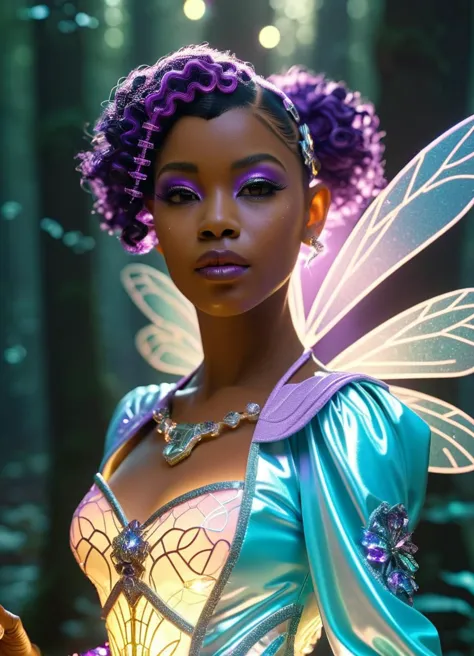 photo d'un biomécanique cyberpunk rétro-futuriste (femme:1.1 )  (fée rayonnante) young femme, sud-africain, yeux marrons, sombre skin, courbée, Porter un chemisier fleuri,jupe fluide aux détails scintillants, bottes scintillantes à la cheville, cheveux bouclés violets avec des reflets pailletés, ailes de cristal brillantes, fard subtil avec un éclat,tenant une baguette magique ornée de pierres précieuses,ceinture ornée de cristaux, située dans une forêt luxuriante, remplie de fleurs vibrantes et de ruisseaux scintillants, où les fées se rassemblent pour danser et chanter, à l'aube  diffusion souterraine, PhotoRéaliste, HyperRéaliste, style analogique, Réaliste, Photographie argentique, éclairage doux, ombre lourde . cybernétique, fusion homme-machine, dystopique, Le bio rencontre l&#39;artificiel, sombre, complexe, très détaillé . science-fiction vintage, Style années 50 et 60, âge atomique, vibrant, très détaillé 