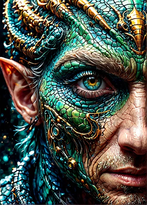 a close up of a man with a dragon face and a snake head