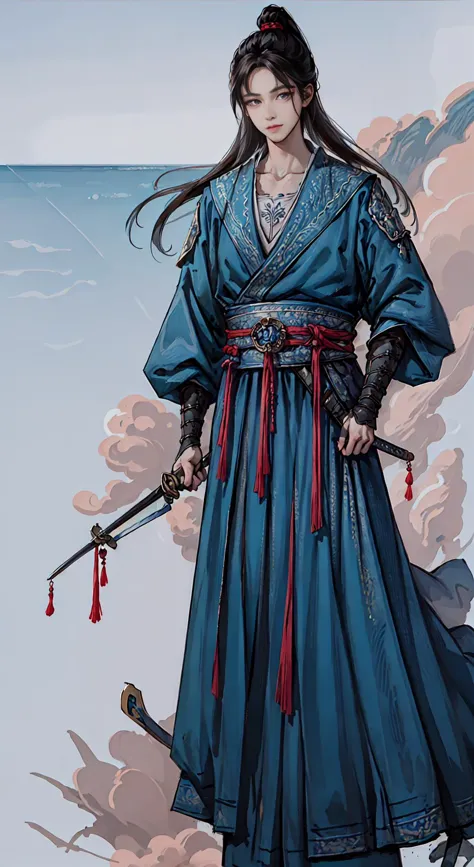 a close up of a person in a blue dress holding a sword