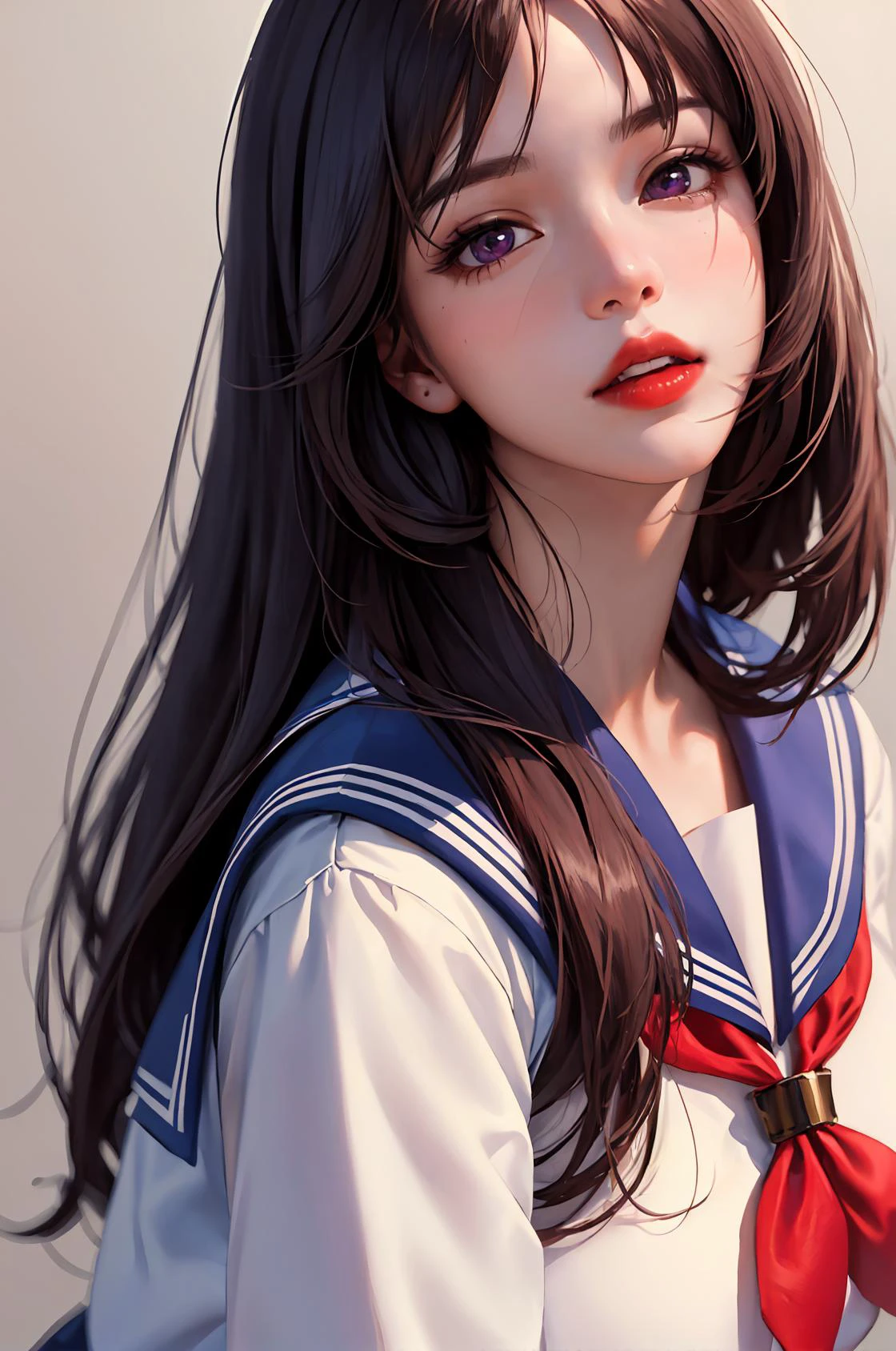 1girl, (masterpiece:1.4),(best quality:1.4), (real picture, intricate details), highres, photography, (very detailed face, realistic skin, realistic body), sailor mars, (shiny skin), red lips, (large tits), (upper body), deep purple hair, long hair, , thighhighs, high heels