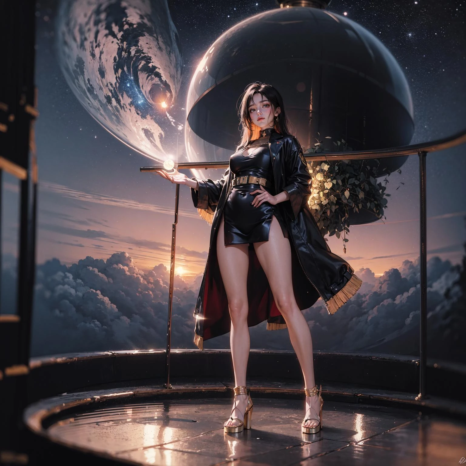 (masterpiece, best quality),(depth of field),(1girl,solo),standing,looking at viewer,shiny skin,full body,
Floating Observatory: A magnificent observatory suspended high above the clouds,providing an unparalleled view of celestial phenomena and distant galaxies,with starlit platforms and glass domes that immerse visitors in the wonders of the cosmos.,