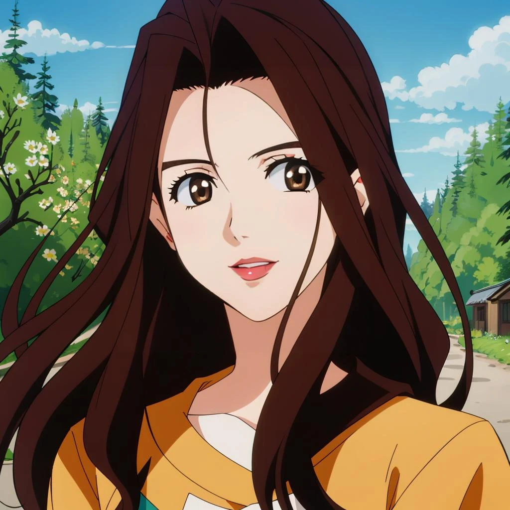 masterpiece,high quality,solo,outdoors,
looking at viewer,smile,parted lips,
KyokoAoi,1woman,
long hair,brown hair,brown eyes,lipstick,
yellow jacket,