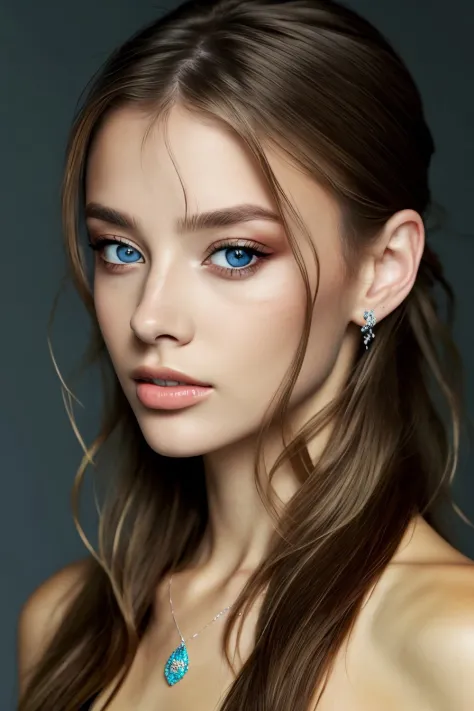 ViktoriaTishko, focus on eyes, close up on face, wearing jewelry, hair styled wispy layers