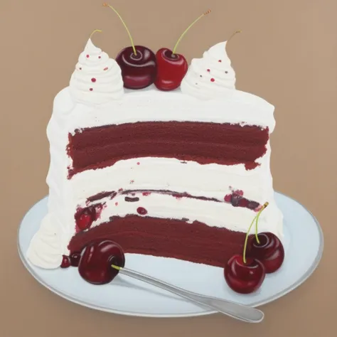 there is a piece of cake with cherries on top of it