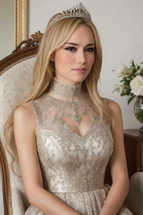 Foto einer ernsten und majestätischen Königin, sehr detailliertes Foto,  natürliche Frau, hochwertiges Foto, perfekte Details und Texturen,  perfekte Komposition, Perfekte Beleuchtung,blonde xxptcnd mit einer Mithril-Tiara, mit einem exquisiten ärmellosen Elbenkleid, elegant auf dem Thron sitzend mit gekreuzten Beinen