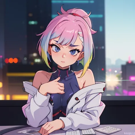 anime girl with pink hair sitting at a desk in front of a city