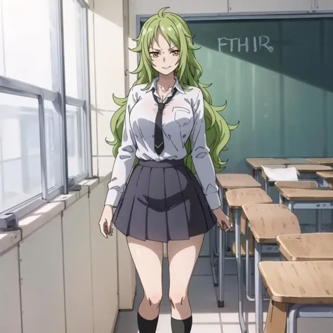 anime style, masterpiece, best quality, absurdres, 1girl, beautiful face, detailed eyes, looking at viewer, contrapposto, seductive, sexy, standing, fullbody,  <lora:Monet:0.8>, (casualmonet:1.3), green hair, yellow eyes, (cleavage:0.6), (schoolgirl uniform, tie, long sleeve dress shirt, black pleated skirt, socks), [troubled eyebrow], classroom