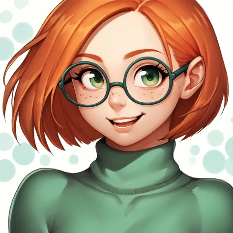 score_9, score_7_up BREAK 1girl,close-up,portrait,bob cut,orange hair,green eyes,freckles,happy,round-frame glasses,turtleneck <lora:fumio_pd:1>