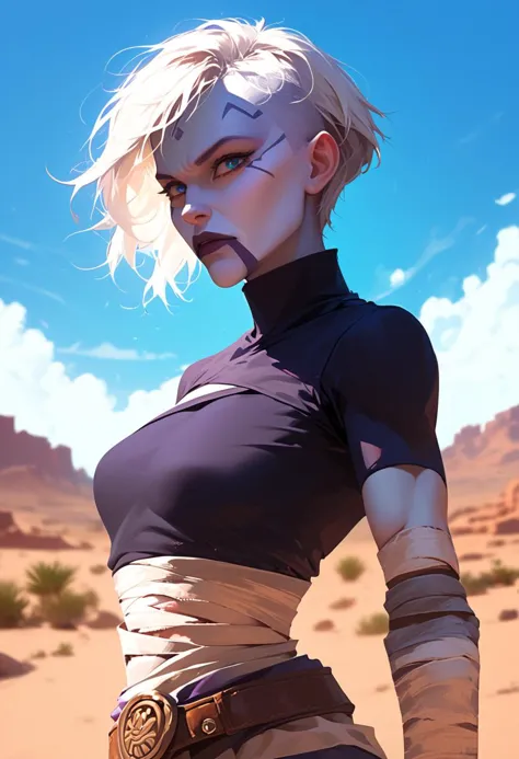 a woman in a black top and white pants standing in the desert